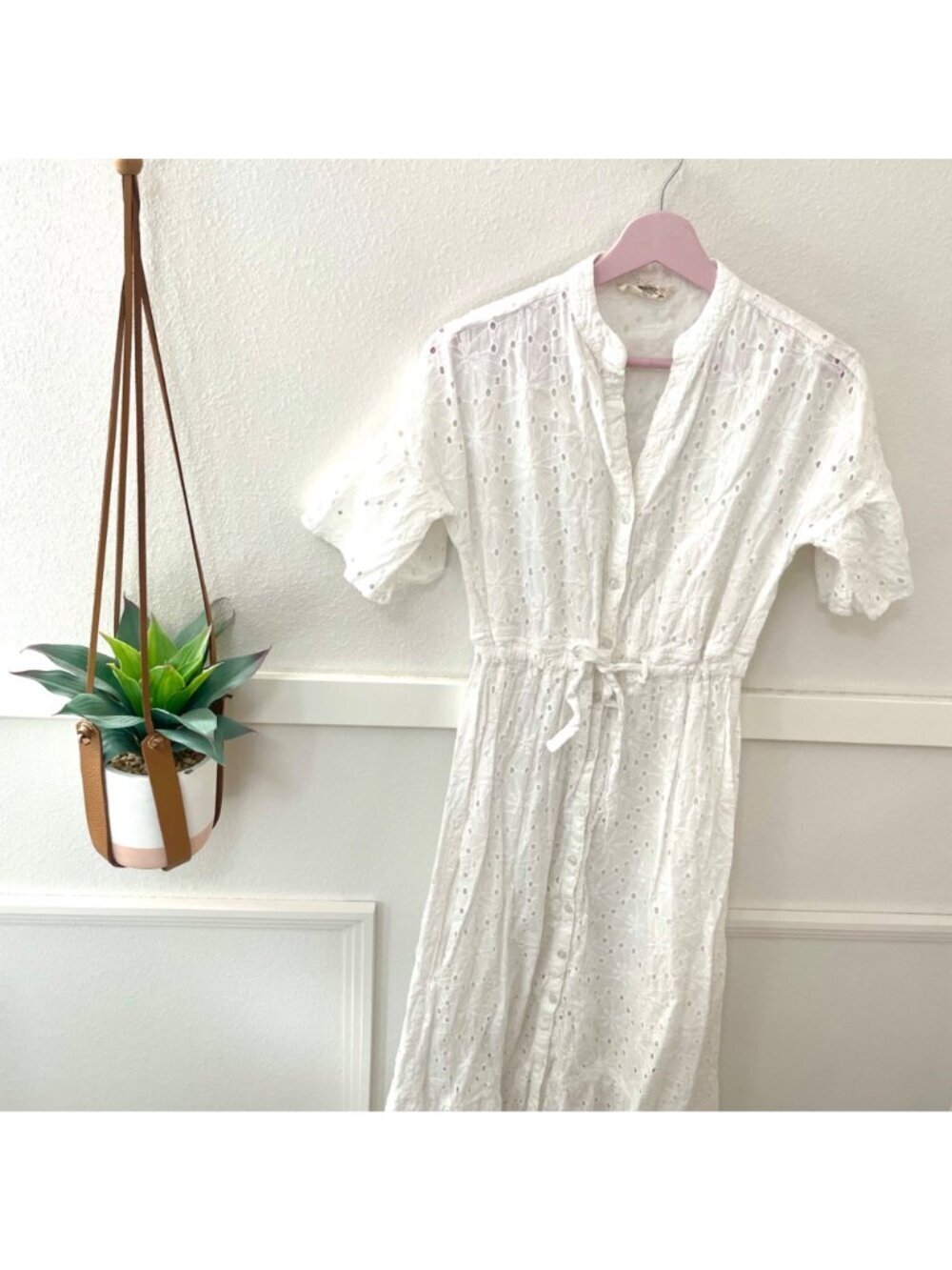 Dress Nado White Eyelet Tie Waist Midi Dress Size M Short Sleeve - Picture 2 of 8